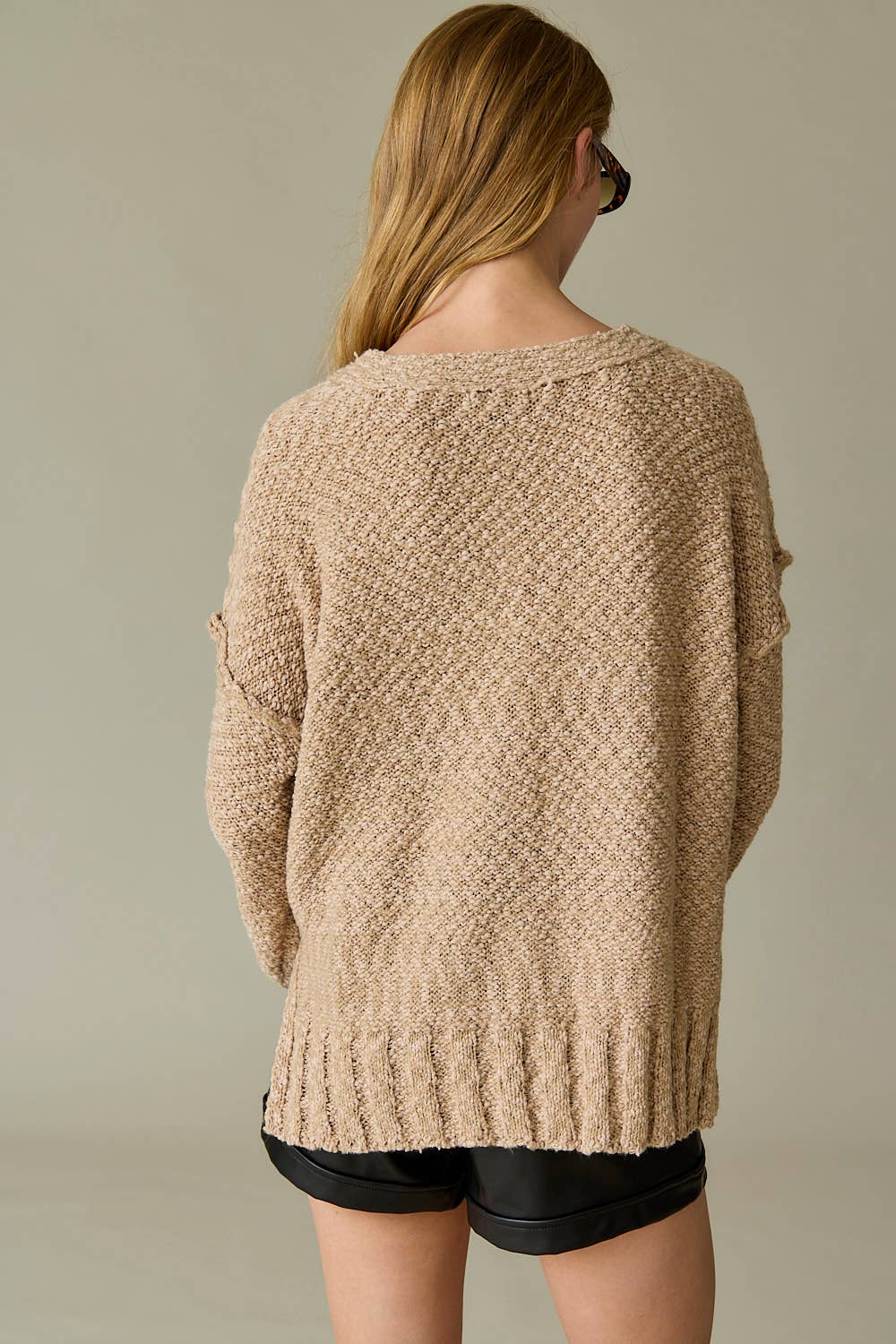 Dusty Pink Loose Fit V-neck Balloon Sleeve Sweater