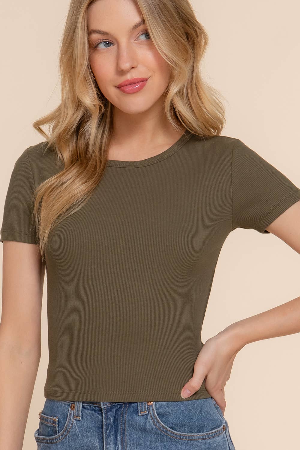 Short Sleeve Crew Neck Cotton Spandex Rib Knit Top
