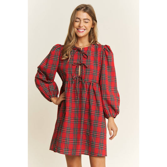 Plaid Woven Fabric Bow Front Babydoll Dress