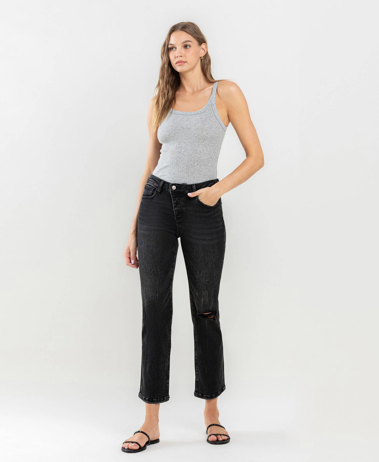 High Rise Distressed Crop Straight Jeans