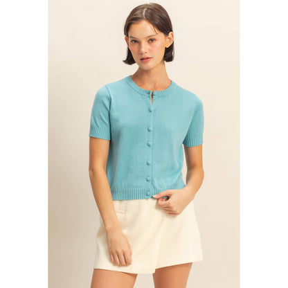 Crew Neck Short Sleeve  Buttoned Cardigan