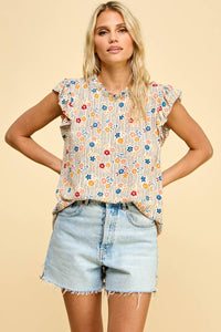 Floral Printed Top with Ruffled Neck