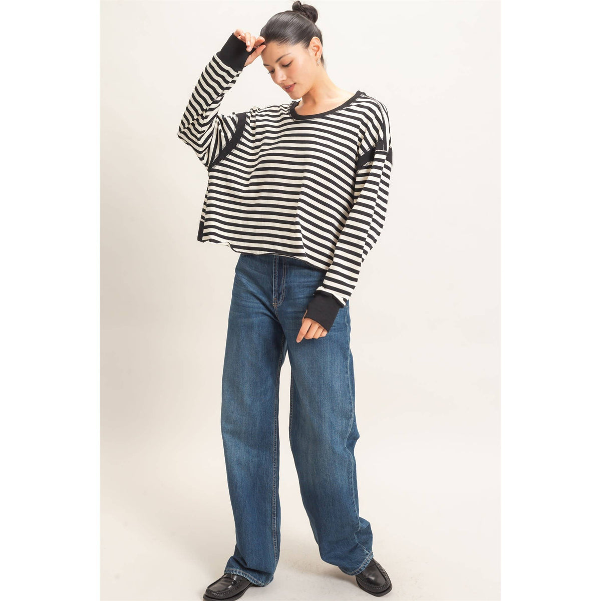Striped Open Back Long Sleeve Top