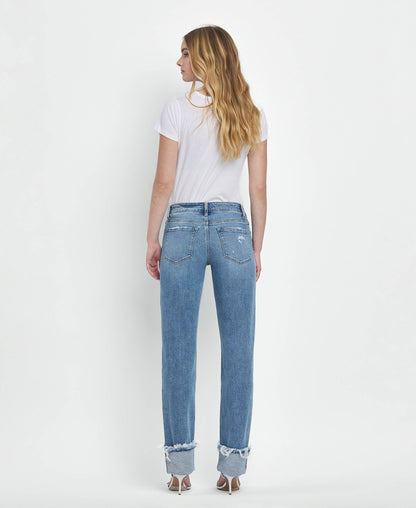 Mid Rise Cuffed Straight Jeans