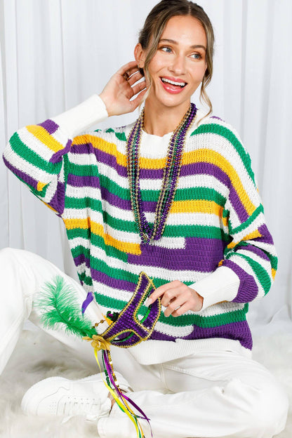 Color Block Striped Mardi Gras Crochet Knit Sweater