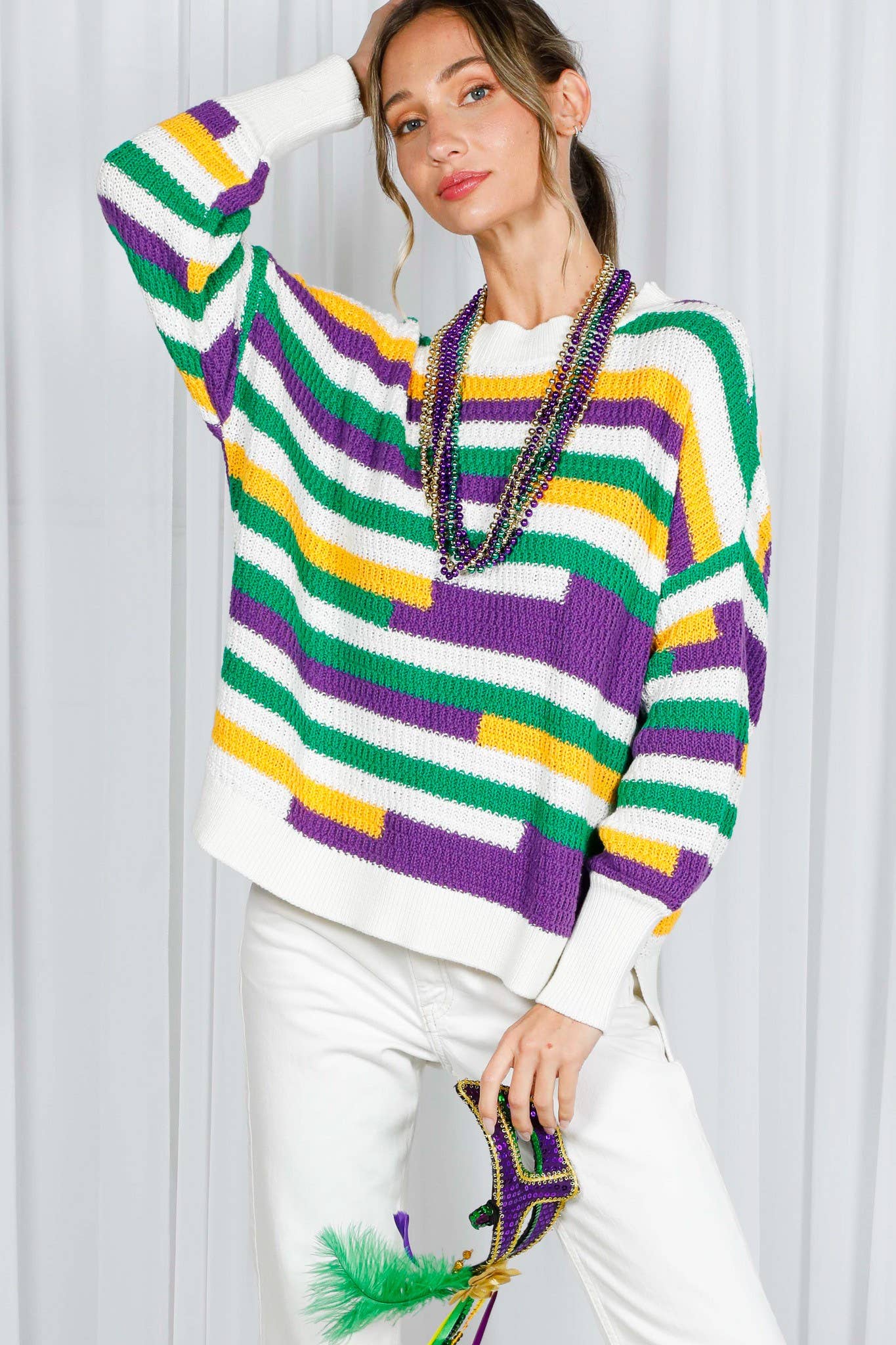 Color Block Striped Mardi Gras Crochet Knit Sweater