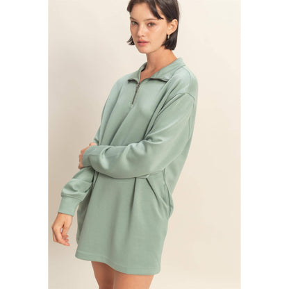 Double Knit Half Zip Up Long Sleeve Mini Dress