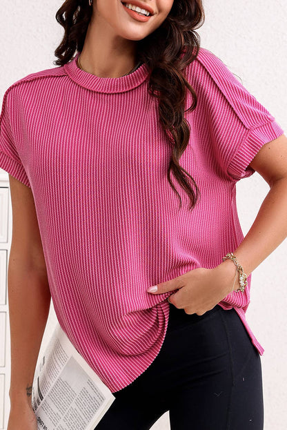 Pink Textured Knit Exposed Stitching Top