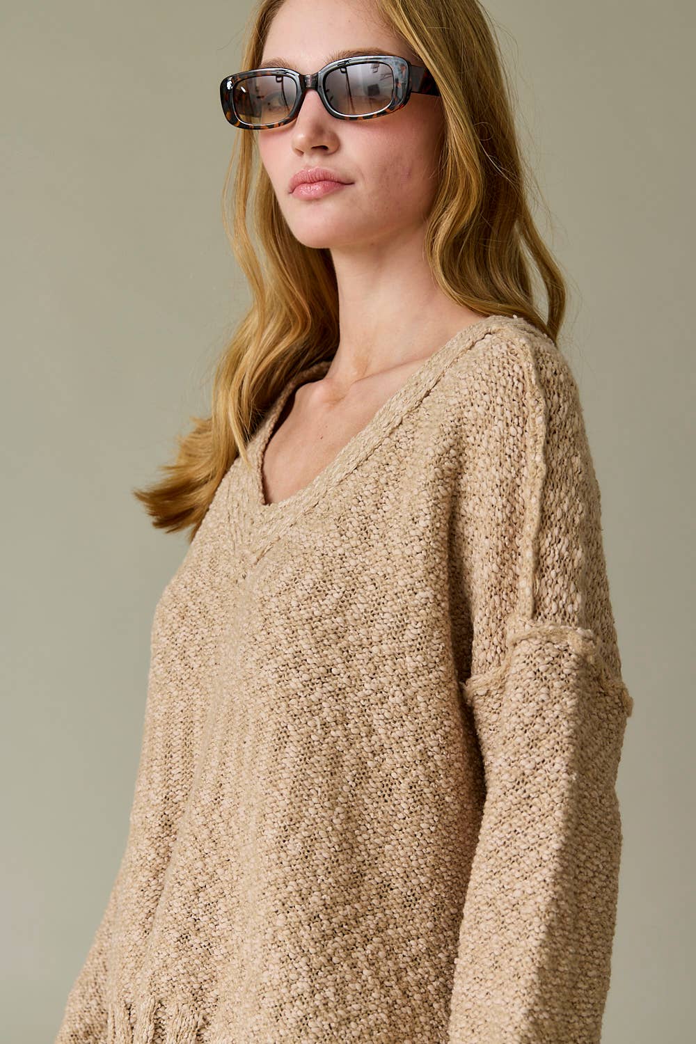 Dusty Pink Loose Fit V-neck Balloon Sleeve Sweater