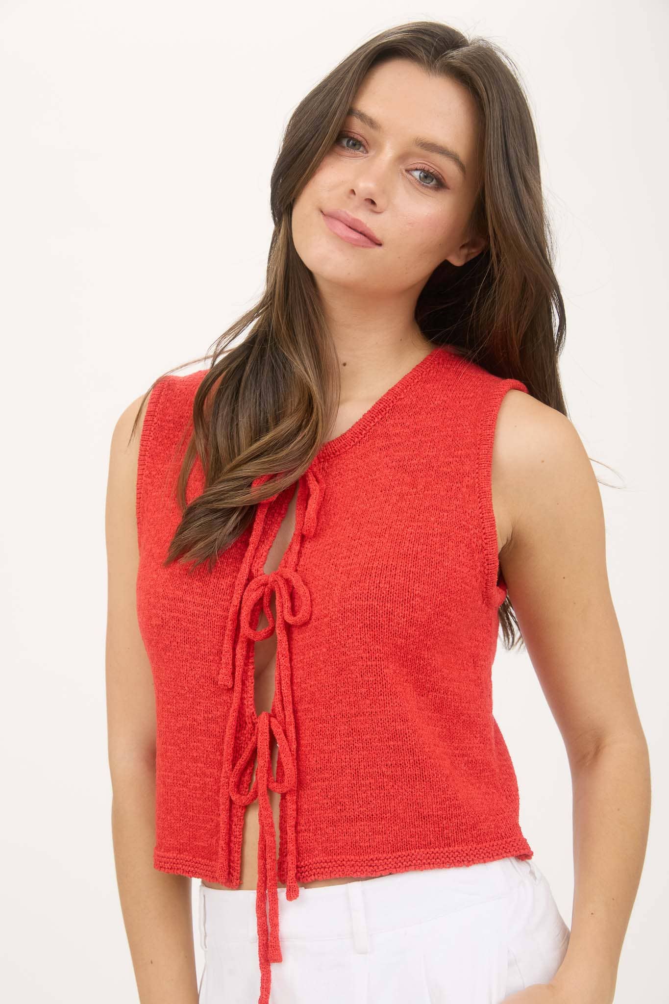 Cream Front Tie Detail Sleeveless Knot Sweater Vest