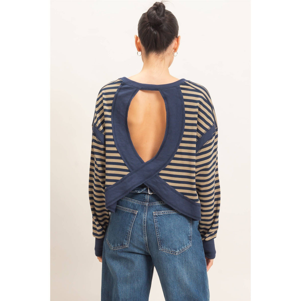 Striped Open Back Long Sleeve Top