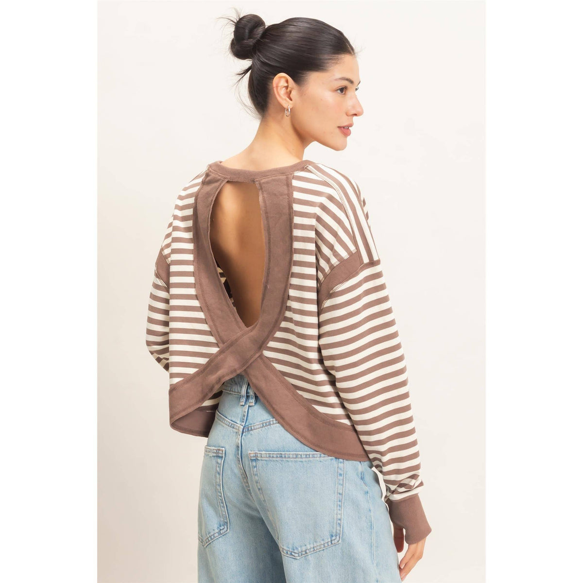 Striped Open Back Long Sleeve Top