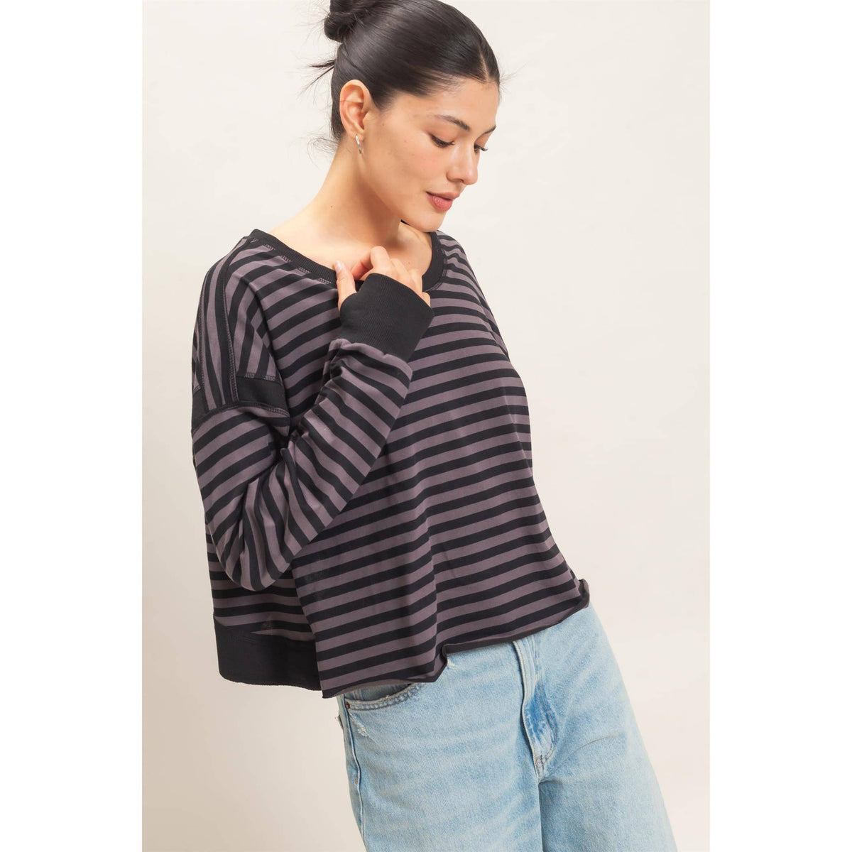 Striped Open Back Long Sleeve Top