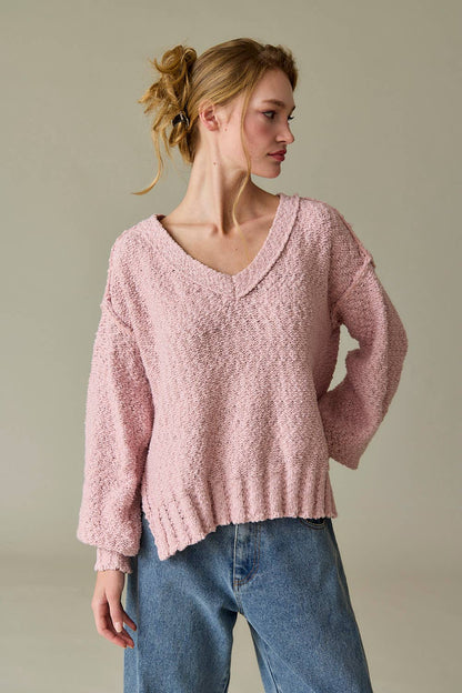 Dusty Pink Loose Fit V-neck Balloon Sleeve Sweater