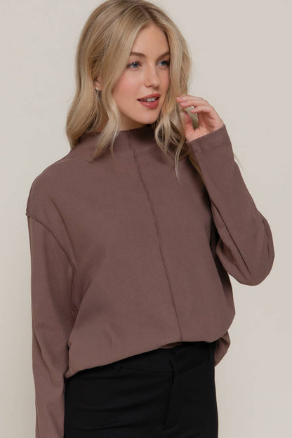 Long Sleeve Visible Overlocked Seams Detail Brushed Rib Top