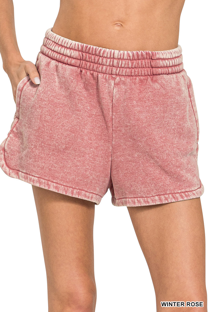 Acid wash Elastic Waistband Dolphin Hem Shorts