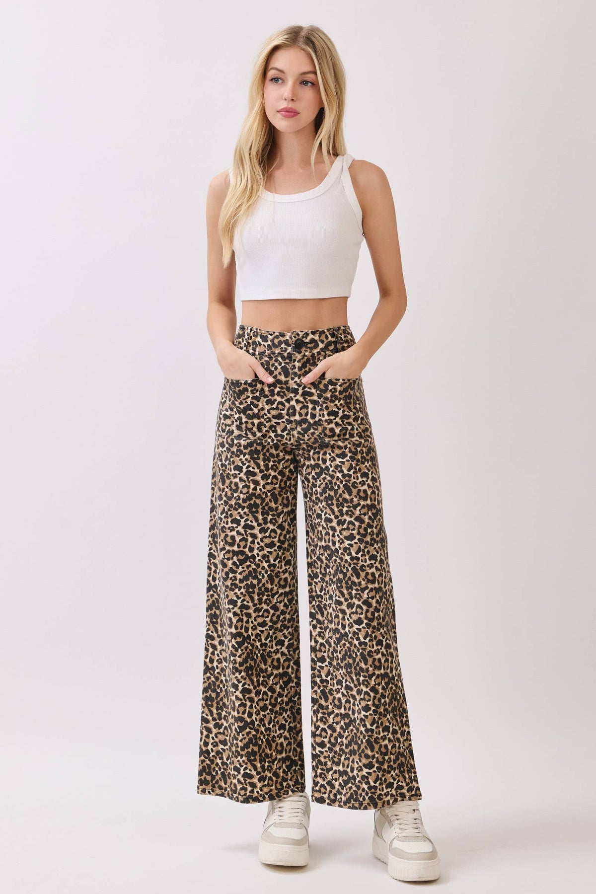 Leopard Stretch Twill Wide Leg Pants