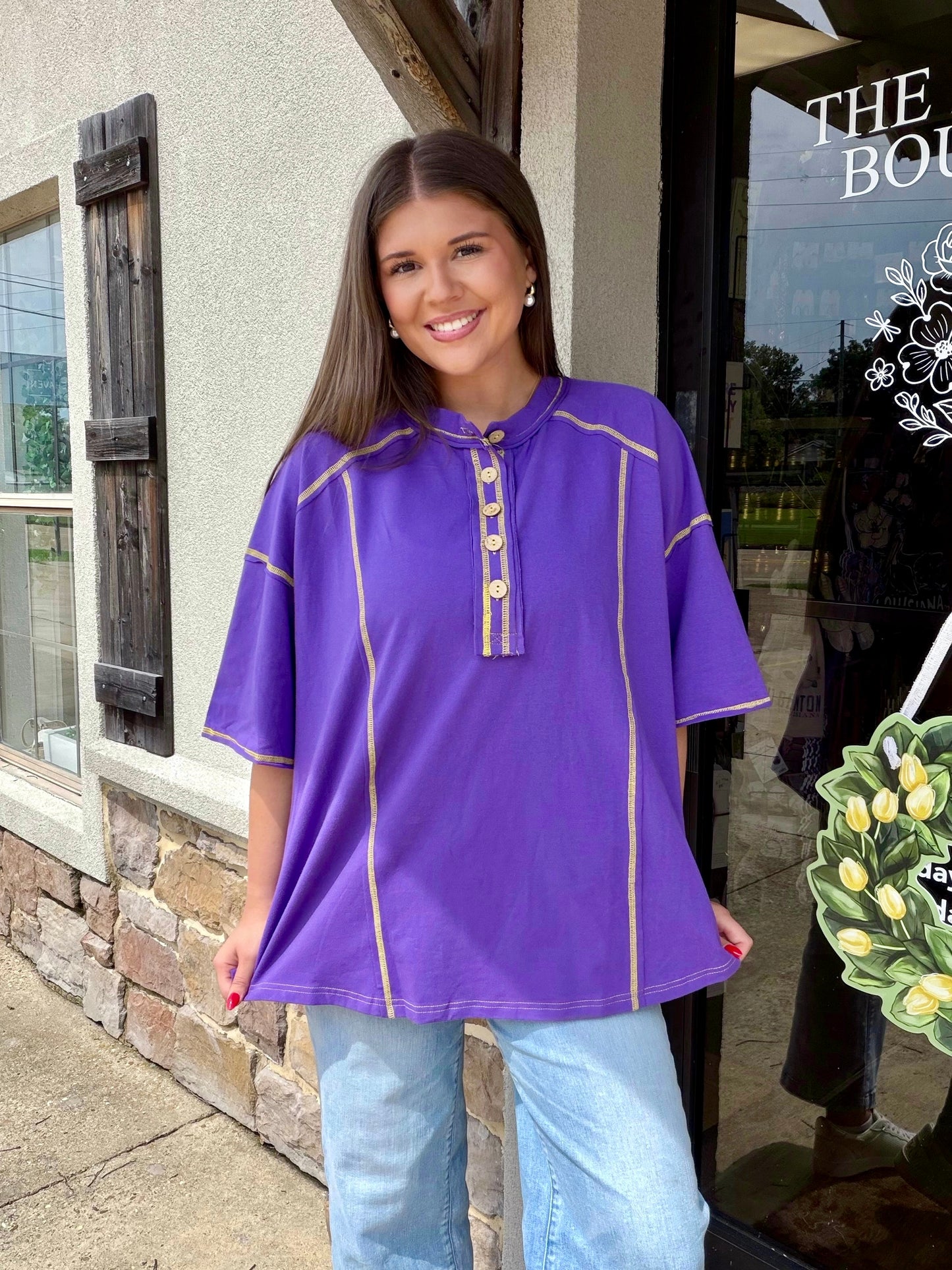 Purple/Gold Game Day Relaxed Button Henley Tee