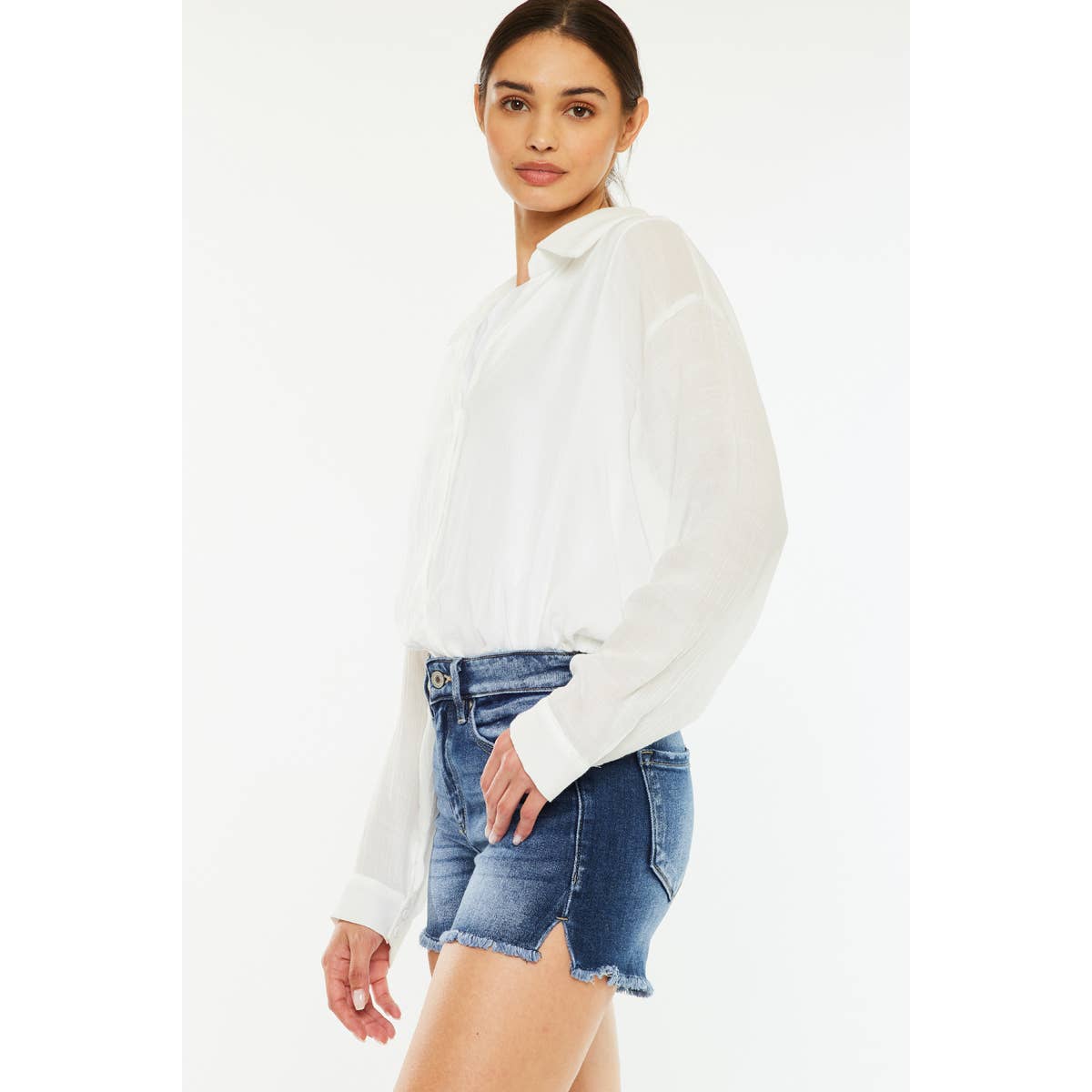 Kan Can High Rise Stretch Frayed Hem Shorts