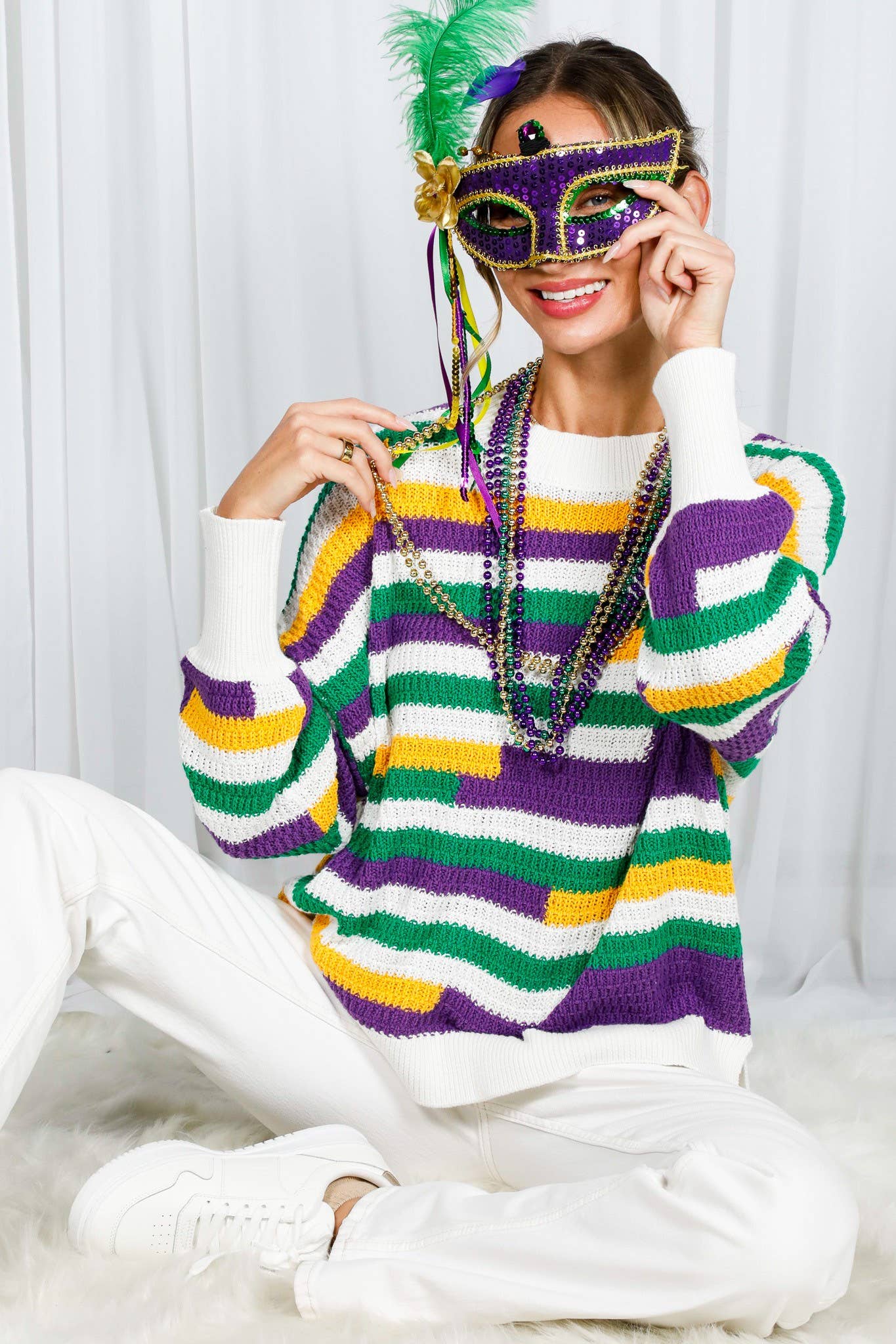 Color Block Striped Mardi Gras Crochet Knit Sweater