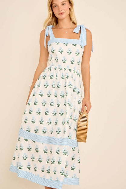 Floral Print Midi Dress with Tie Shoulder Straps