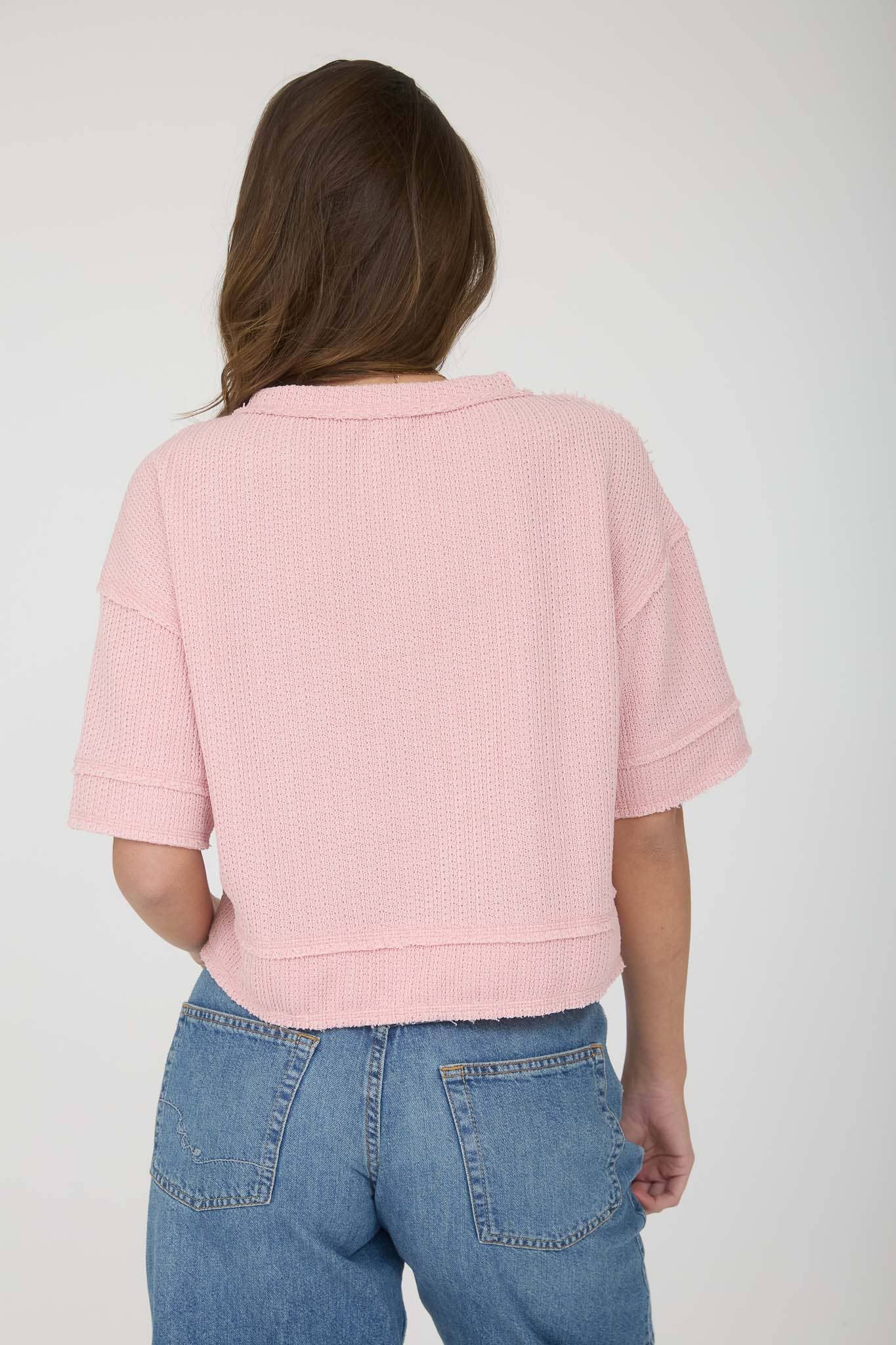 Raw Edge Henley Short Sleeve Waffle Knit Top