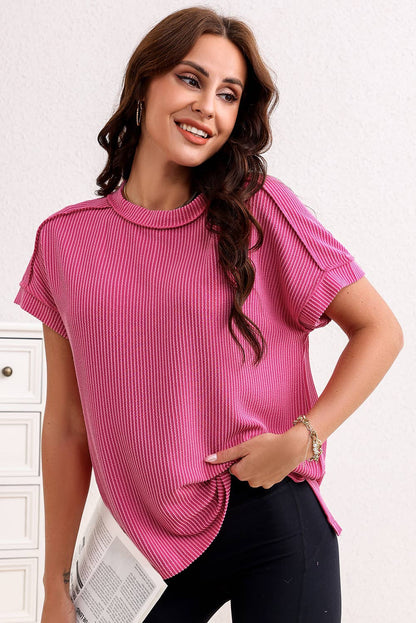 Pink Textured Knit Exposed Stitching Top