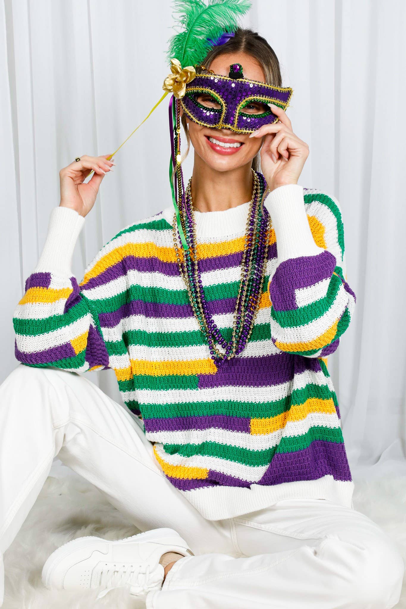 Color Block Striped Mardi Gras Crochet Knit Sweater