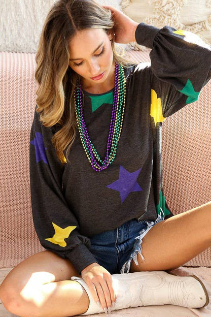 Black Mardi gras, Crew neck long sleeve star jersey