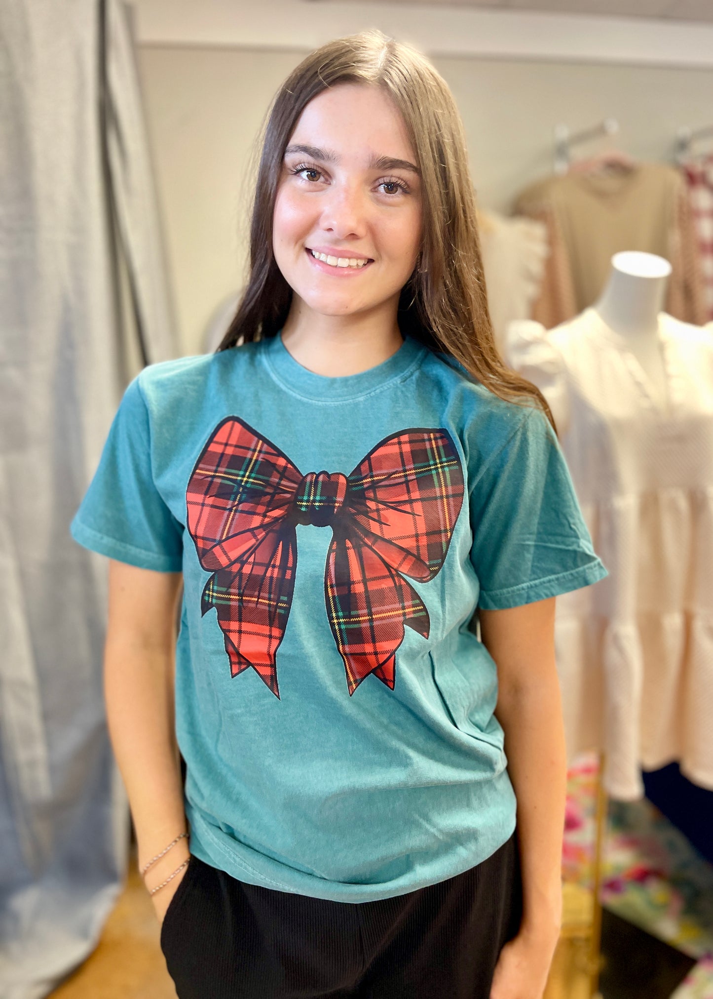 Red Christmas Plaid Bow Tee