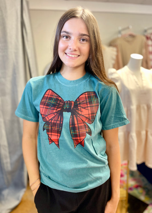 Red Christmas Plaid Bow Tee