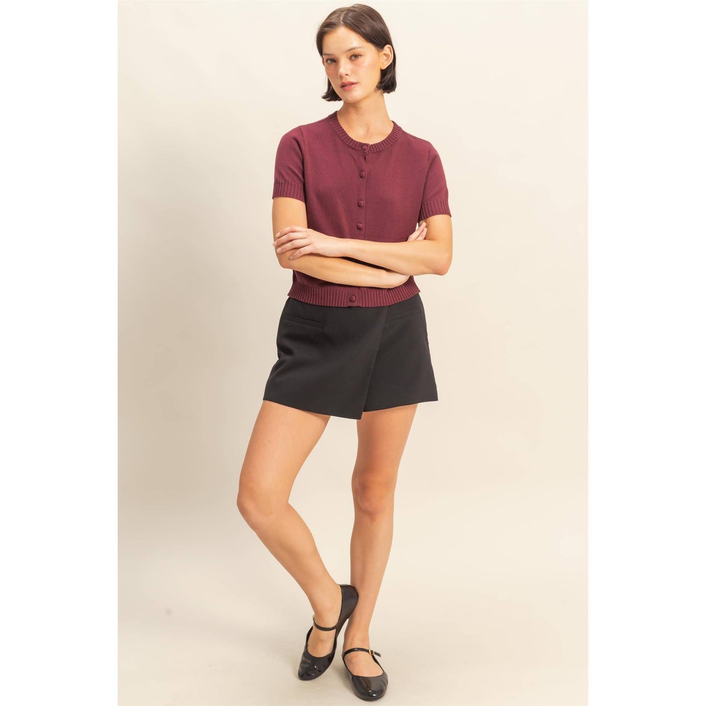 Crew Neck Short Sleeve  Buttoned Cardigan