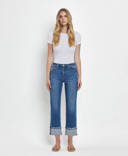 High Rise Cuffed Straight Jeans