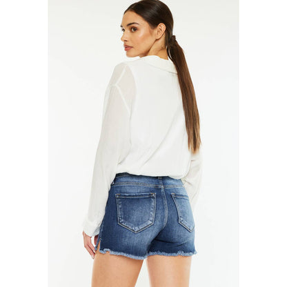 Kan Can High Rise Stretch Frayed Hem Shorts