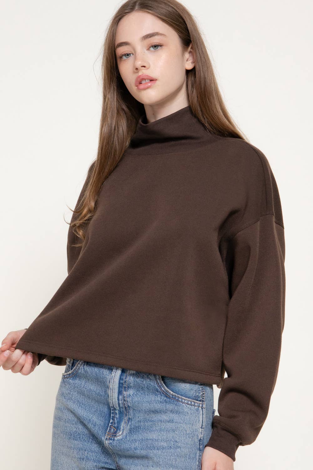 Long Sleeve Ribbed Mock Neck Inner Brushed Sweatshirt
