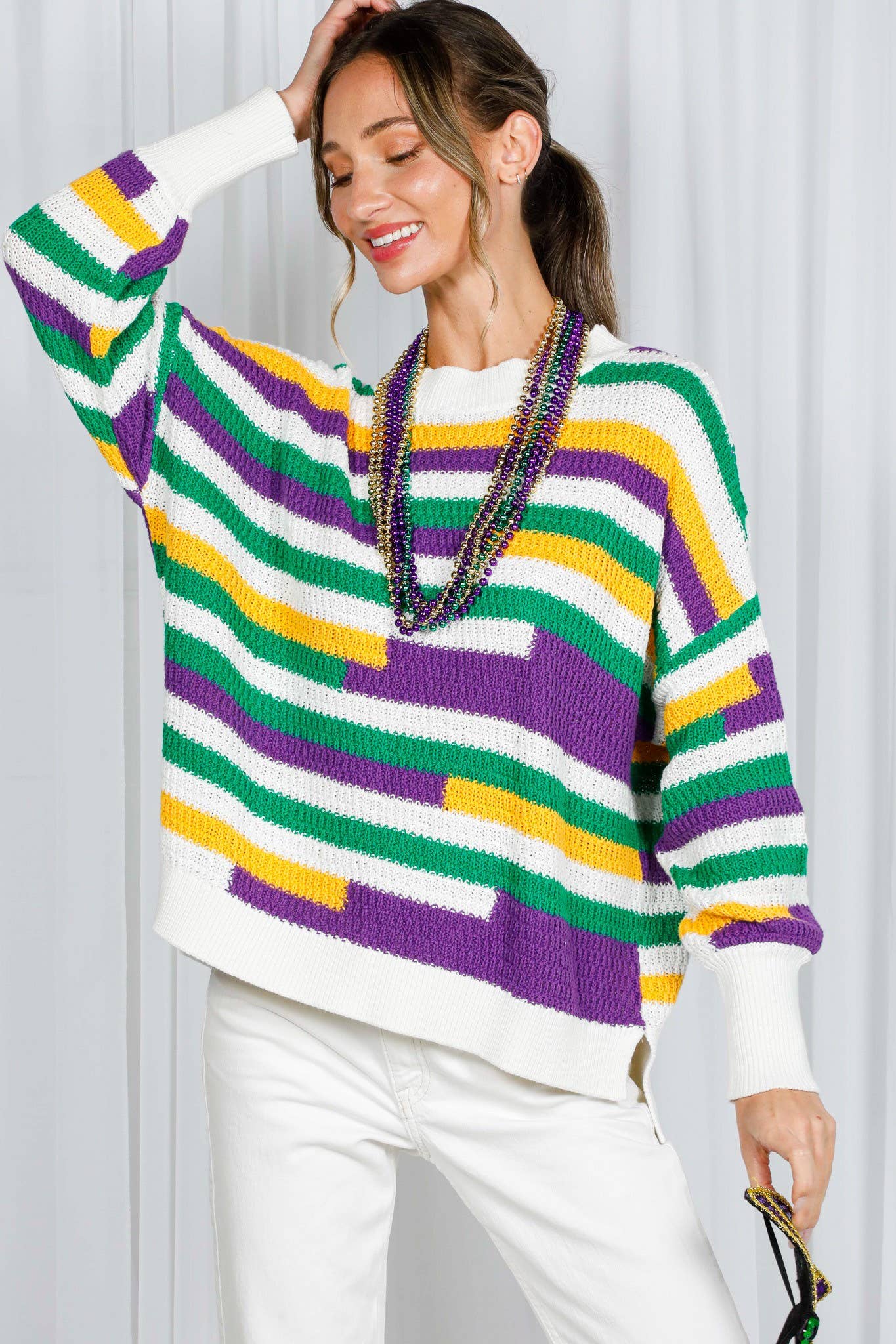 Color Block Striped Mardi Gras Crochet Knit Sweater