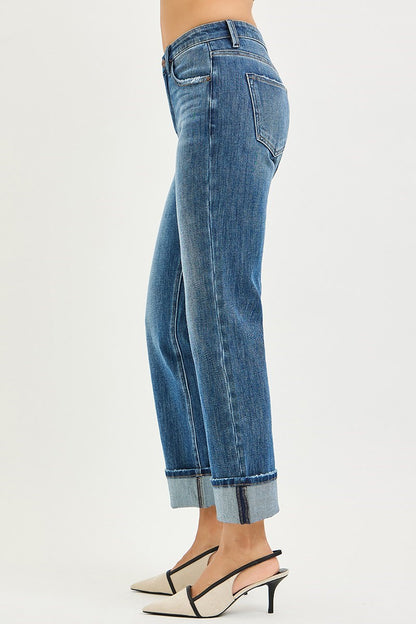 Risen 4 Way Stretch Slouchy Straight Jeans Cuffed Hem