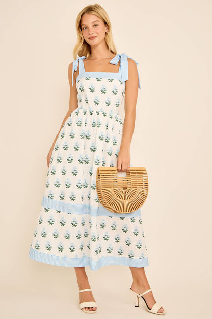 Floral Print Midi Dress with Tie Shoulder Straps