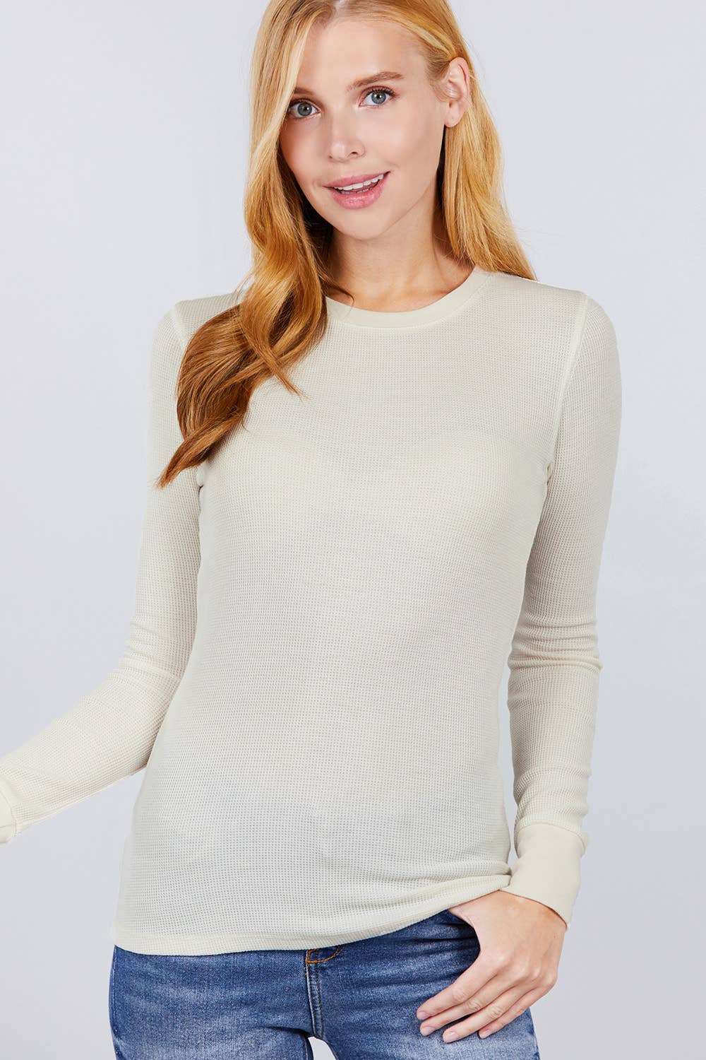 Ivory Long Sleeve Crew Neck Thermal Knit Top