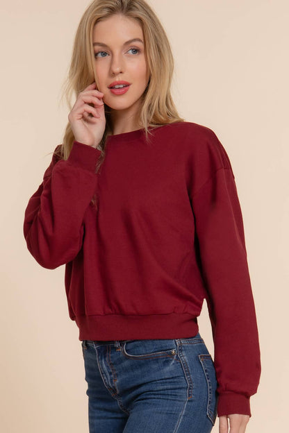 Dark Wine Long Sleeve Round Neck Crop Sweatshirt