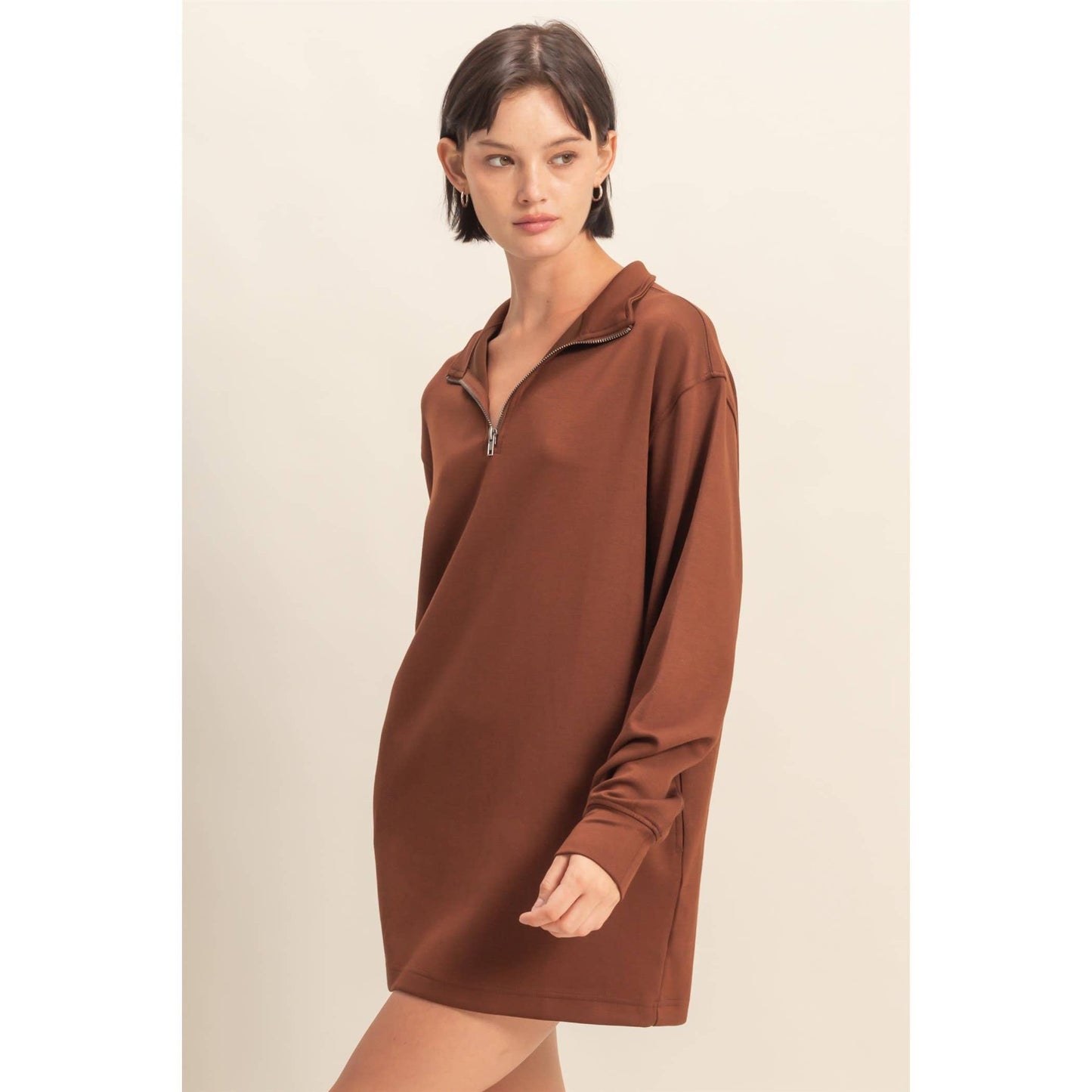 Double Knit Half Zip Up Long Sleeve Mini Dress