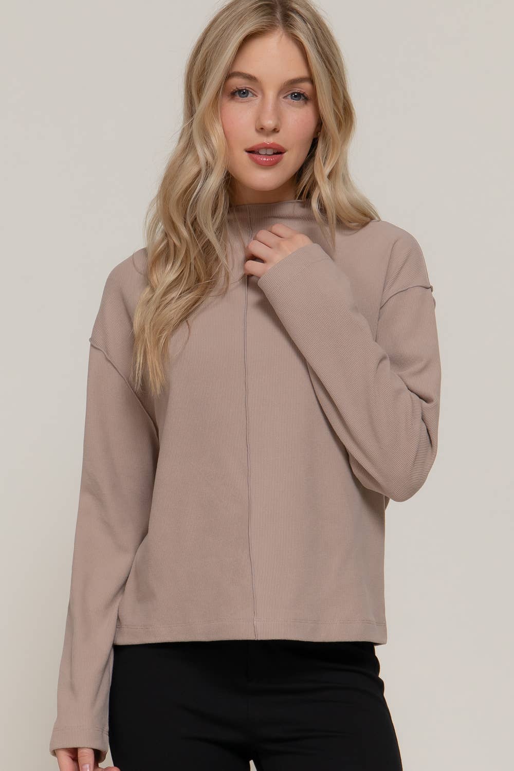 Long Sleeve Visible Overlocked Seams Detail Brushed Rib Top