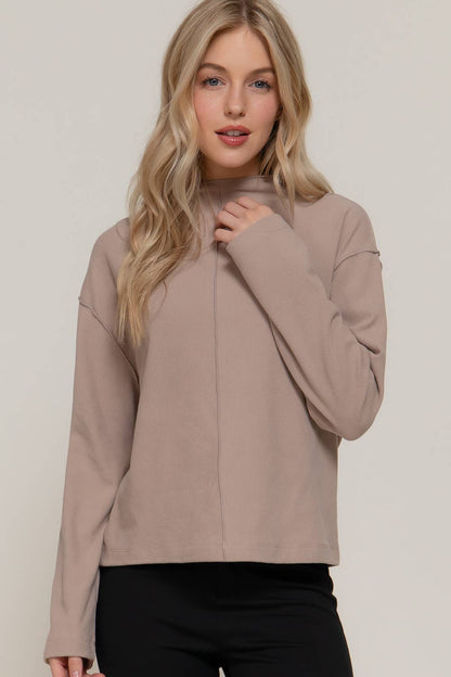 Long Sleeve Visible Overlocked Seams Detail Brushed Rib Top