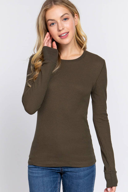 Black Long Sleeve Crew Neck Thermal Knit Top