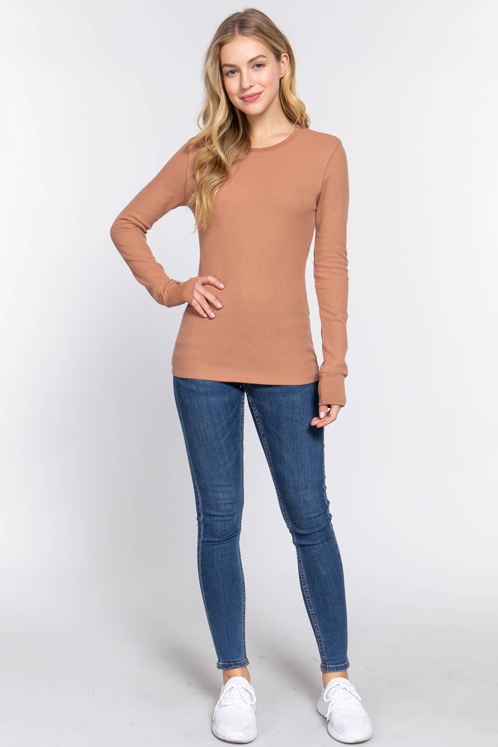 Black Long Sleeve Crew Neck Thermal Knit Top