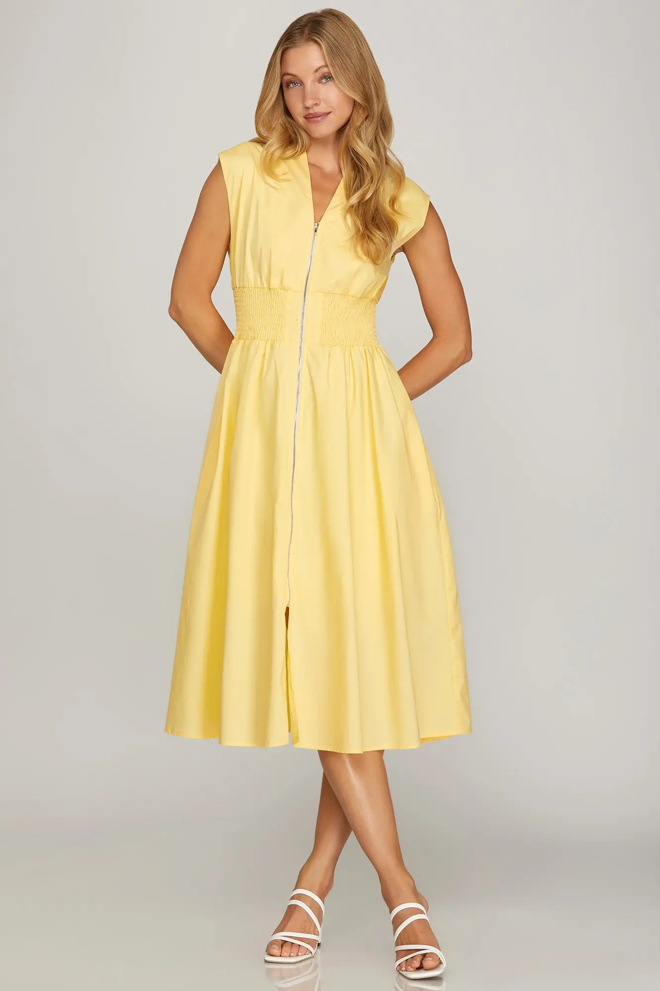 Pale Yellow Front Zip Midi Dress