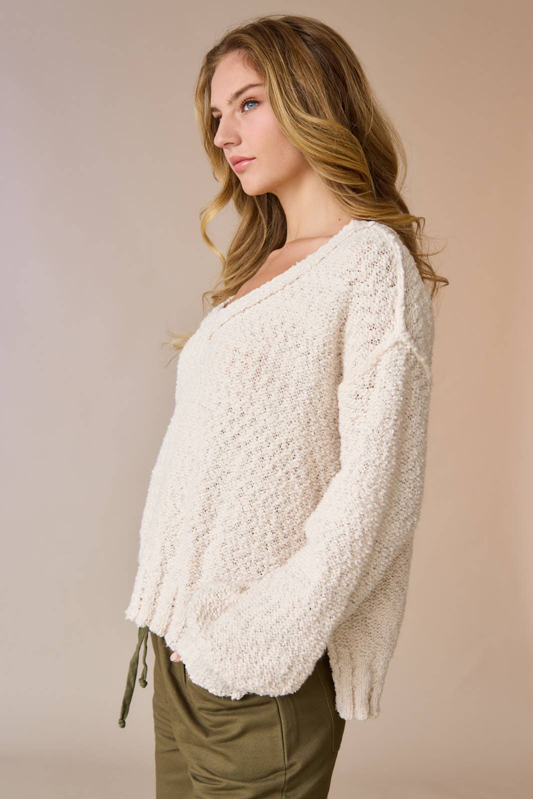 Dusty Pink Loose Fit V-neck Balloon Sleeve Sweater