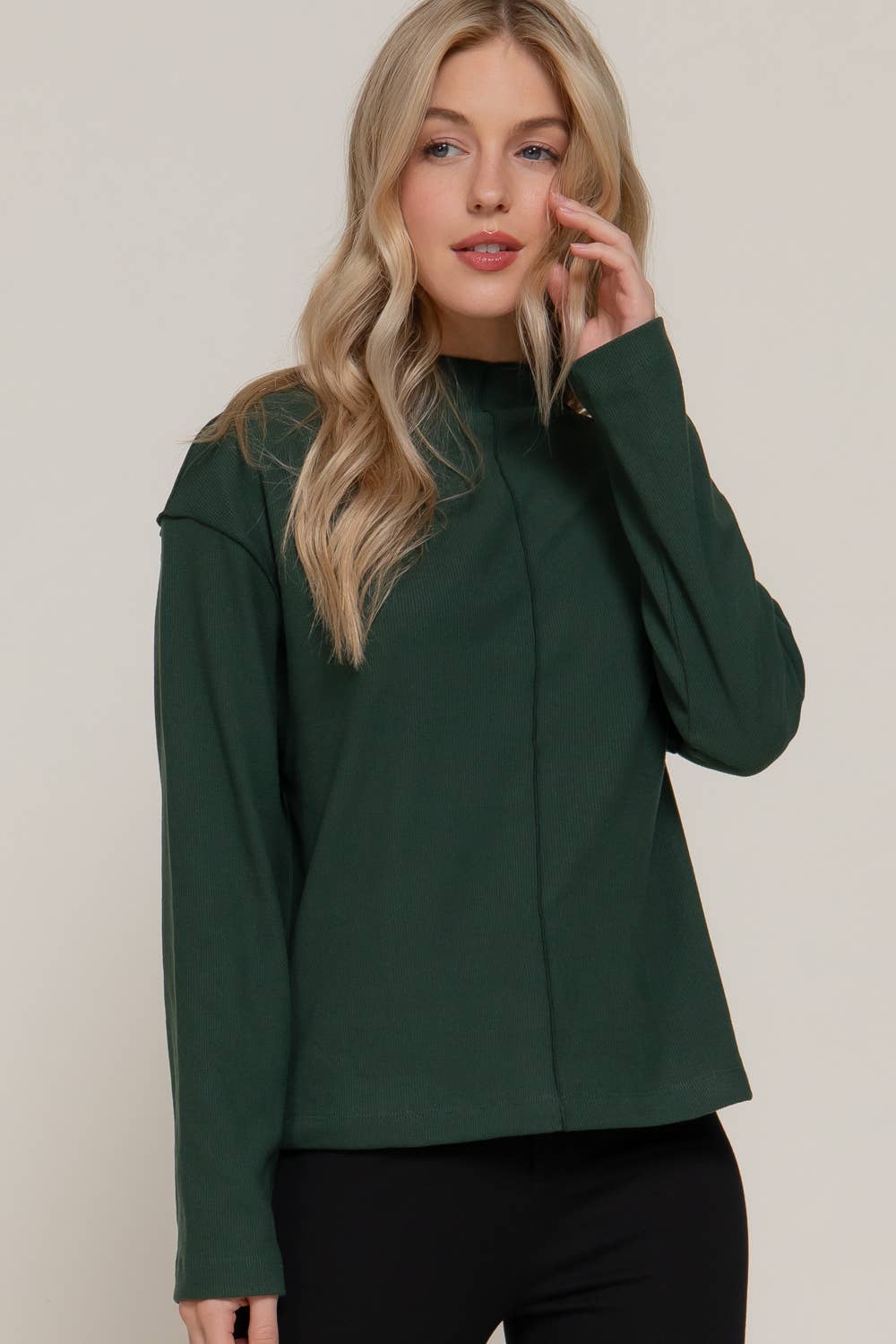 Long Sleeve Visible Overlocked Seams Detail Brushed Rib Top