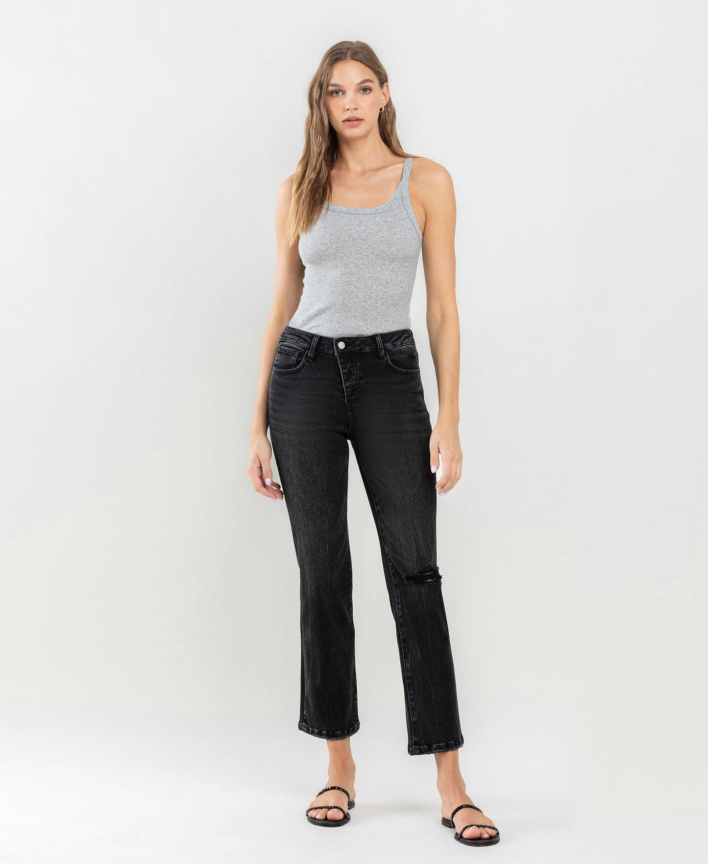 High Rise Distressed Crop Straight Jeans