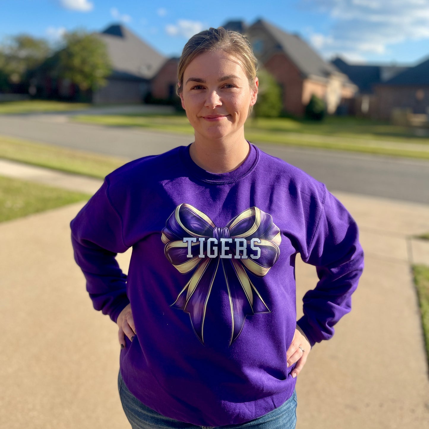 Tigers purple & gold Bow Sweatshirt or Tee